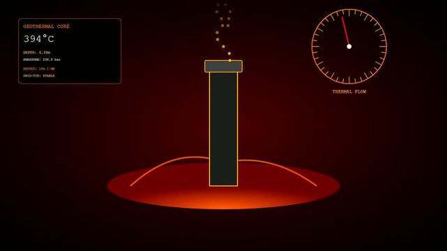 A futuristic interface monitoring a decentralized energy network shows fluctuating geothermal core temperatures and thermal flow gauges during a dynamic sequence of power production levels.