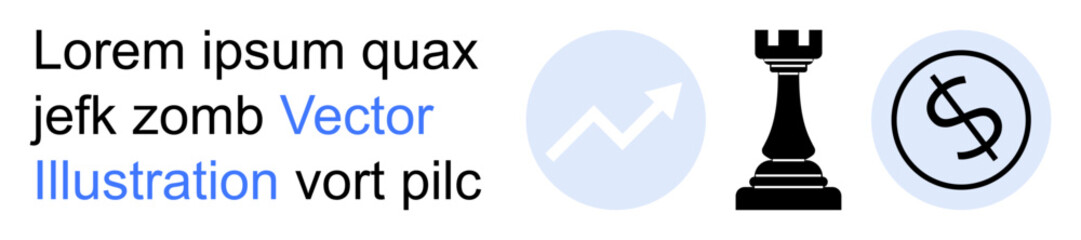 Business strategy, financial growth, investment planning, decision-making, progress, and savings. Icons include upward graph, chess rook and dollar-related symbol. Financial growth and strategy © robu_s
