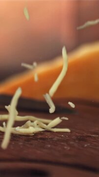 The grated cheese falls on a wooden board. Filmed on a high-speed camera at 1000 fps. High quality FullHD footage