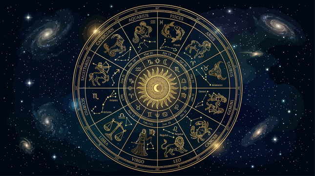 Golden Astrological Zodiac Wheel Illuminated by Cosmic Starlight in a Deep Space Galaxy, Representing Horoscopes, Destiny, and Ancient Mysticism, Perfect for Spiritual and Esoteric Themes
