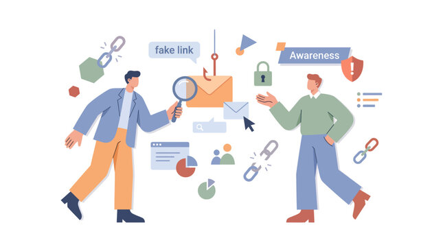 Phishing awareness concept showing people avoiding fake web links.