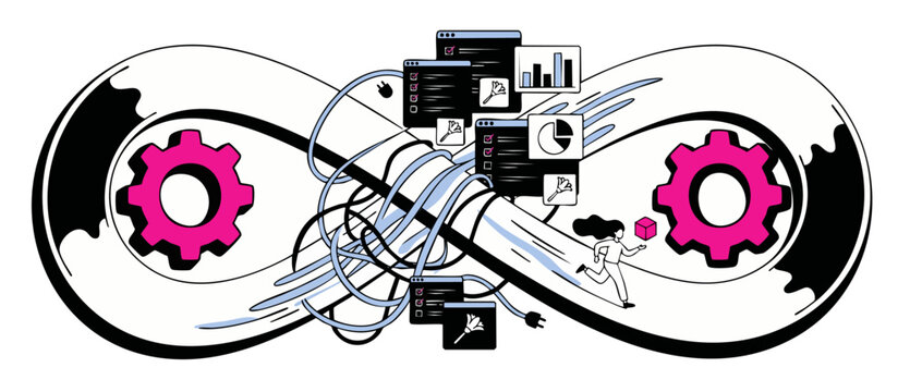DevOps infinity loop software development concept with gears and cables representing continuous integration, process automation, code cleaning, and project management workflows analytics illustration.