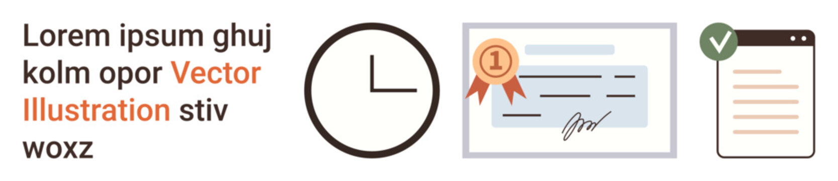 Time management, education certification, goal tracking, business workflow, digital learning, productivity tools. Clock, certificate checklist illustration. Time management and education