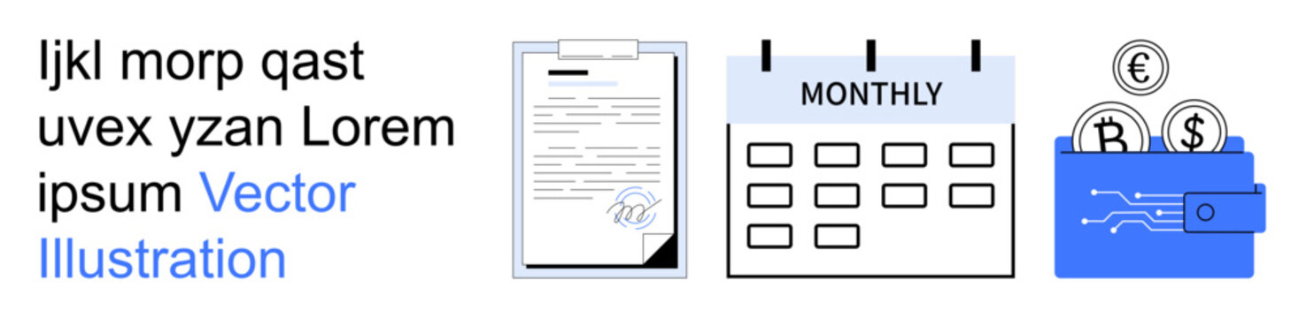 Financial organization, budgeting, scheduling, digital transactions, business documentation, payment systems. Shows a document, a monthly calendar and a wallet with coins. Financial organization