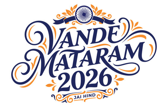 vande mataram 2026 typography with indian flag and ornamental flourishes on white background