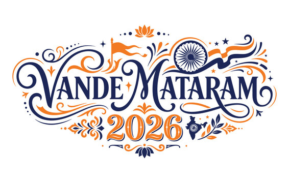 vande mataram typographic design with indian flag and floral ornaments patriotic illustration on white background