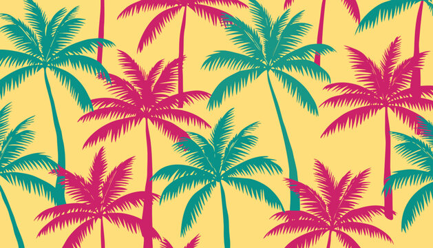 A tropical palm tree pattern wallpaper with a pale yellow background