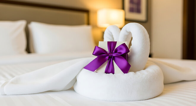 Elegant gift box with purple silk ribbon placed on neatly folded white cotton towel over a pristine hotel bed linen, welcoming guest arrival in a luxury accommodation suite interior.