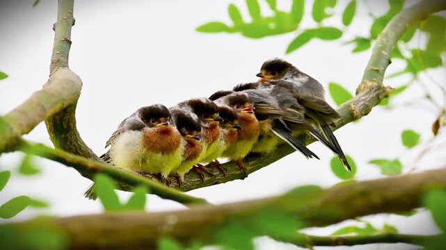 A row of cute baby swallows perched together on a tree branch in nature
