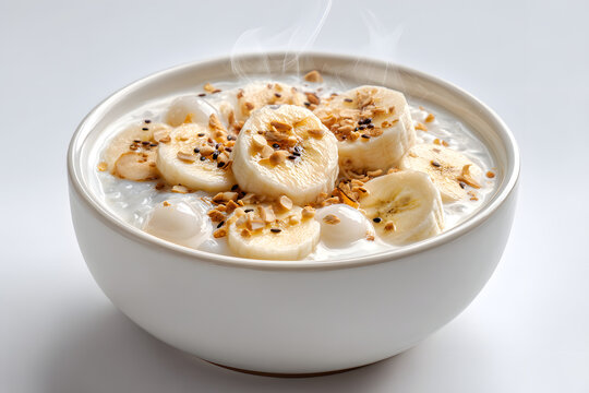 Traditional Vietnamese Che Chuoi - A Delicious Steamed Banana Dessert with Coconut Cream and Toppings