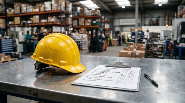 Daily site check clipboard with completed boxes and yellow hard hat, safety inspection for workplace environment.