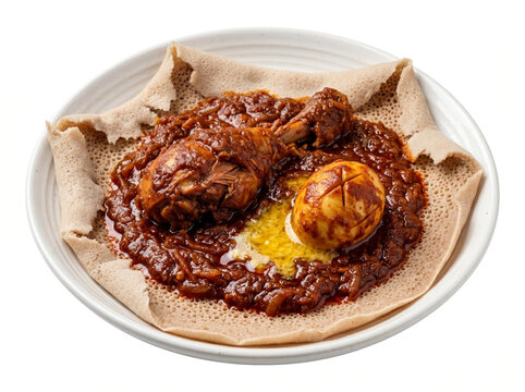 A traditional Ethiopian doro wat stew on injera, featuring chicken, a hard-boiled egg, and spiced butter, on a white plate.