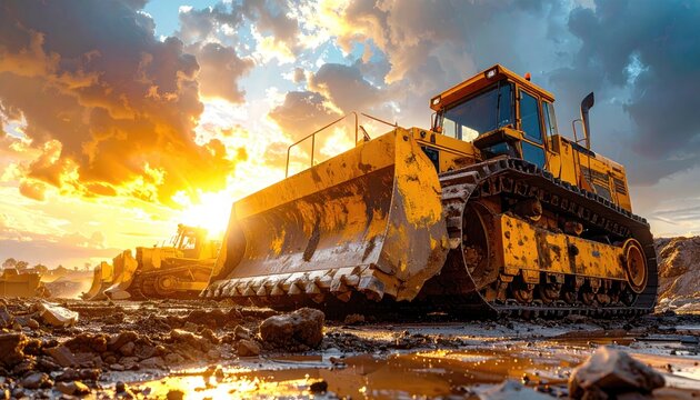 Massive yellow bulldozer on a dusty construction site at sunset
