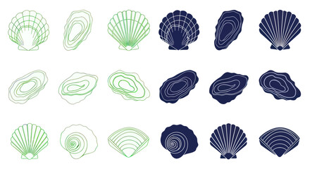 Seafood Icons: Oysters and Scallops, Blue and Green Line Art © Danang