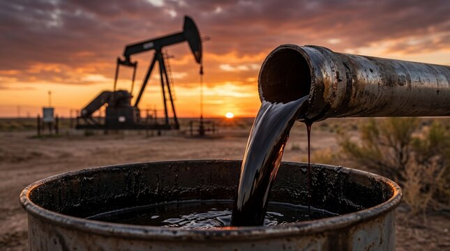 Crude oil pouring from a pipe into a rusty barrel, with a pump jack silhouetted against a dramatic sunset sky in background.