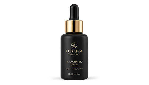 Luxora skincare rejuvenating serum in black bottle with gold accents isolated on white background