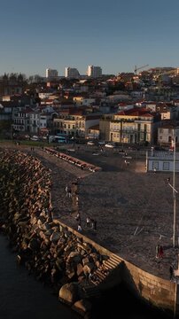 Drone Footage of Foz do Douro Waterfront in Porto Portugal During a Golden Sunset