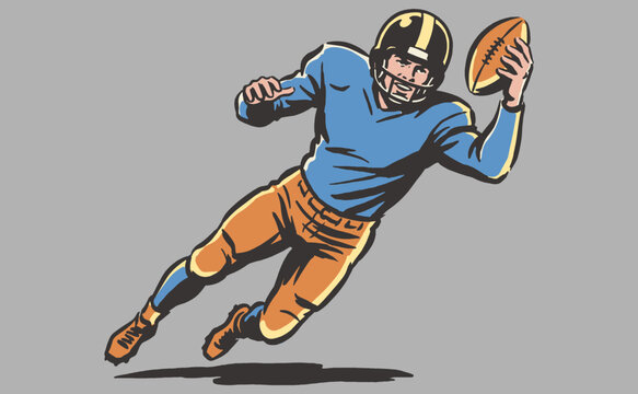 Vintage American football player illustration for t-shirt design, poster, and sports apparel. Retro athlete with ball graphic artwork.
