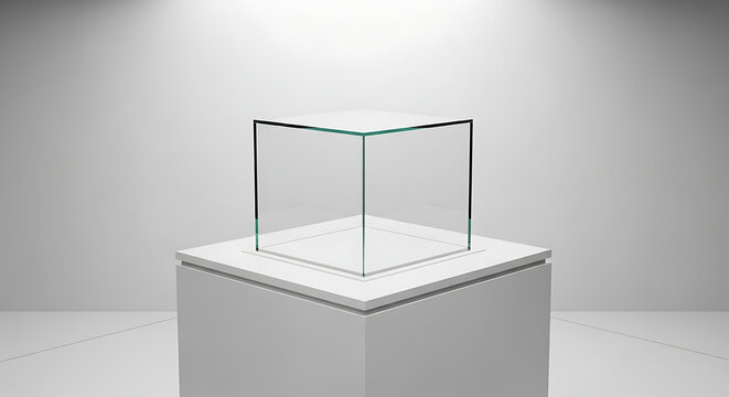 Sleek minimalist transparent glass cube display case white pedestal stand for modern gallery exhibition showcasing an empty square museum showcase podium in a bright clean studio environment