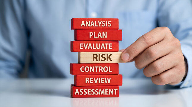 Professional hand carefully extracting 'Risk' block from a strategic business process tower, symbolizing crucial risk management, assessment, and mitigation in corporate planning