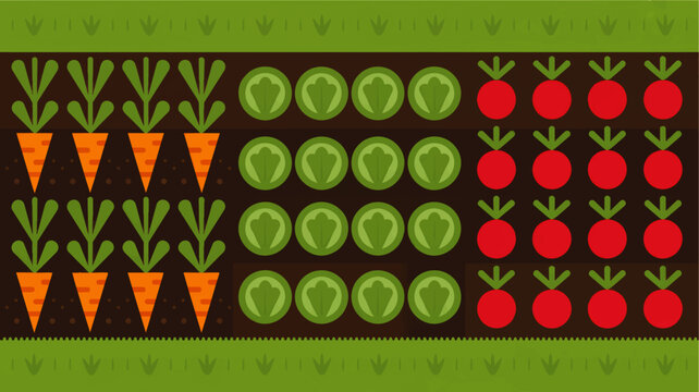 Flat design vegetable garden pattern with carrots lettuce and radishes in rows, colorful organic farming background illustration
