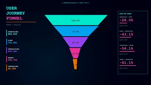 This professional Engagement Analytics Dashboard displays a glowing user journey funnel animation tracking customer conversion rates through various stages of digital marketing and sales performance