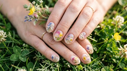 Fototapeta premium Hands with floral nail art rest on green grass among wildflowers.