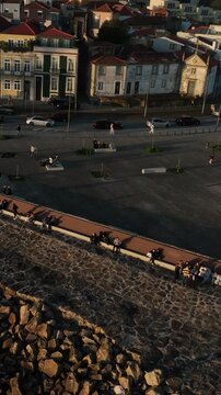 Drone Footage of Foz do Douro Waterfront in Porto Portugal During a Golden Sunset