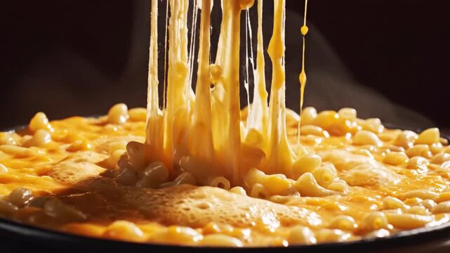 Creamy macaroni and cheese with melting stretchy cheese pull, hot steaming comfort food close-up mac and cheese