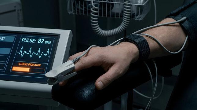 Medical professional monitoring vital signs on polygraph test during diagnostic examination in clinical setting. Generative AI