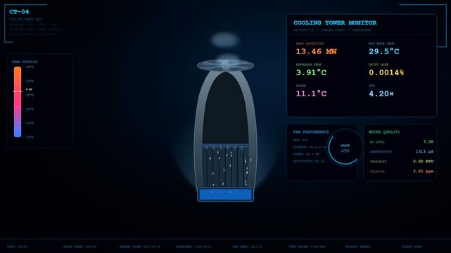 A sophisticated holographic interface for industrial heat management displaying dynamic metric updates on a deep blue digital screen featuring a cooling tower schematic design