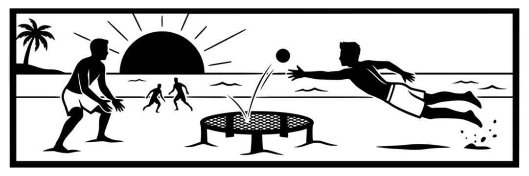 Silhouettes of people playing roundnet spikeball beach game at sunset, vector illustration