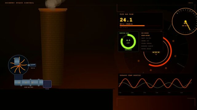 This digital dashboard for industrial heat management monitors flue gas flow and particle loads in a chimney stack control interface using animated data visualizations.