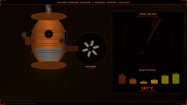 This video shows dynamic industrial heat management systems in action featuring a boiler interface with fluctuating temperatures moving radar scans and a rotating turbine icon