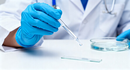 Fototapeta premium Close-up of a scientist's gloved hand using a pipette to transfer liquid onto a microscope slide in a laboratory setting, highlighting precision in scientific research and medical discovery