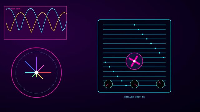 A futuristic digital interface showing industrial heat management systems with neon purple backdrops and oscillating waveforms while circular gauges rotate and symbols shift in sequence
