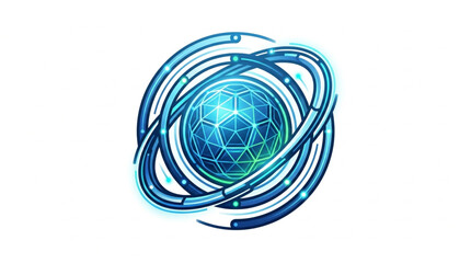Abstract glowing sphere with orbiting rings digital art. © Dersa