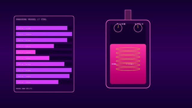 An animated interface for industrial heat management displaying purple data bars and digital gauges with glowing neon elements over a deep violet canvas
