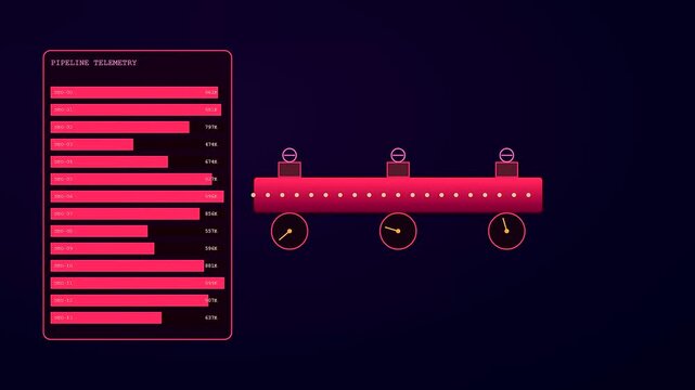 Digital interfaces for industrial heat management show fluctuating red bar charts and rotating gauge needles on a dark blue void during real time monitoring