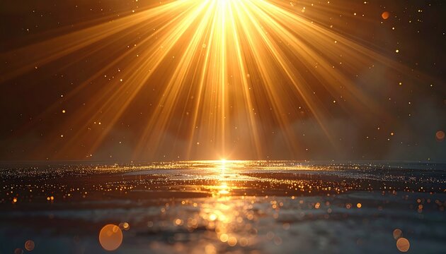 Bright golden rays illuminate a shimmering surface with floating dust particles
