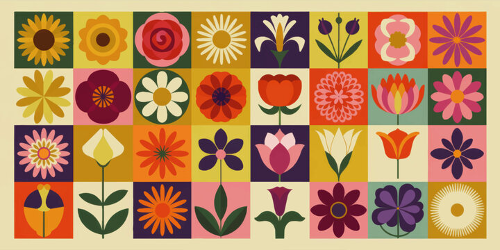 Colorful geometric floral pattern illustration with retro mid century modern flowers in grid layout for spring summer design