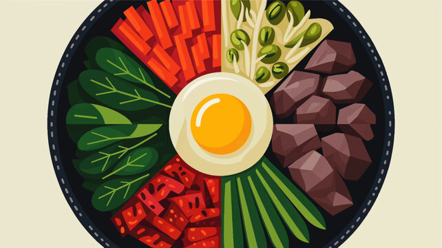 Colorful Korean bibimbap bowl illustration with fried egg, fresh vegetables and beef, flat lay healthy Asian food vector art