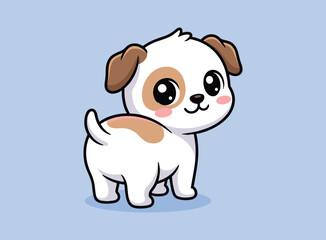 Fototapeta premium Cute cartoon puppy looking backwards with big eyes on a soft light blue background