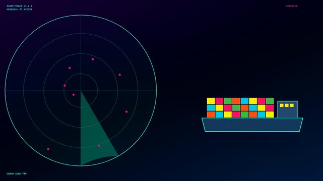 An intuitive digital interface actively displays smart container tracking of cargo vessels with a rotating radar sweep, ensuring efficient global shipping logistics and precise maritime monitoring.