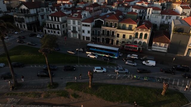 Drone Footage of Foz do Douro Waterfront in Porto Portugal During a Golden Sunset