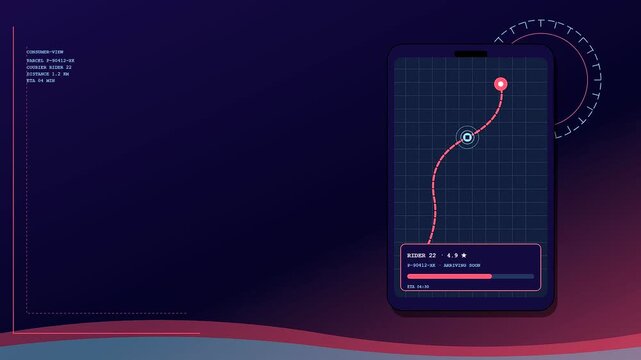 A smartphone displaying smart container tracking technology visualizes real time delivery progress with an estimated time of arrival on a futuristic digital interface.