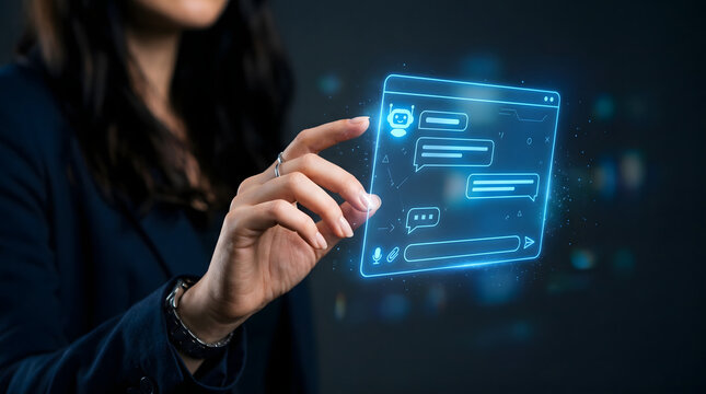 Professional woman viewing a holographic chatbot interface with dark gradient background and blue holographic glow.