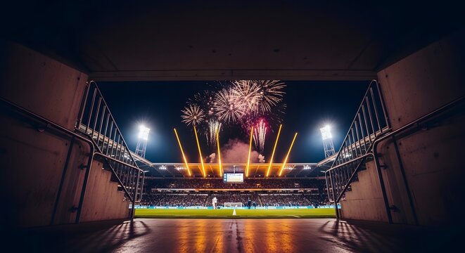Stadium entrance with fireworks display during nighttime sporting event