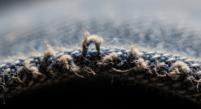 Close-up of worn blue denim fabric with frayed threads and texture.