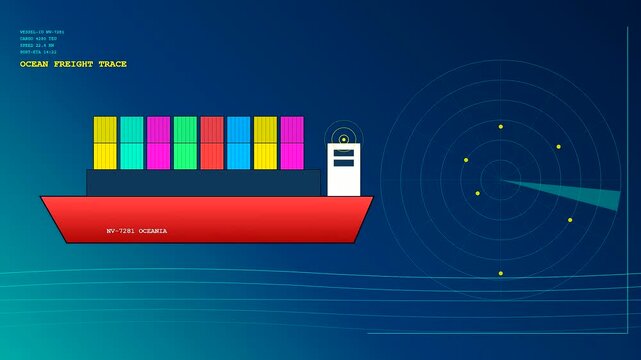 An advanced digital interface showcases smart container tracking for global ocean freight, depicting a cargo ship moving with a radar system actively scanning for secure maritime navigation.